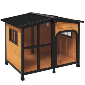 PawHut Outside Cabin-Style Wooden Dog House for Large Dogs with Openable Roof & Giant Window, Outdoor & Indoor Big Dog House, Asphalt Roof, Yello