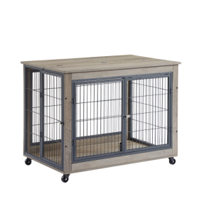 Furniture Style Dog Cage Side Table With Wheels With Double Doors And A Raised Top. Grey (Color: Grey)