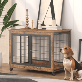 Furniture Double Door Dog Cage, Rustic Brown (Color: Brown)